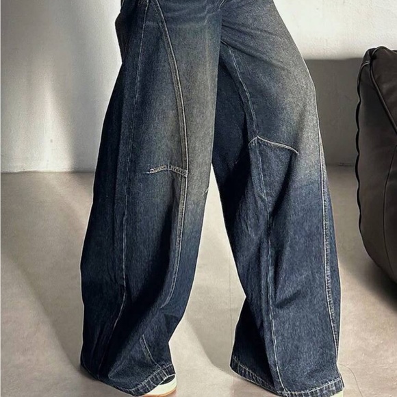 posh chronicles Denim - High Rise Wide Leg Baggy Denim Jeans Dark Wash Street Style